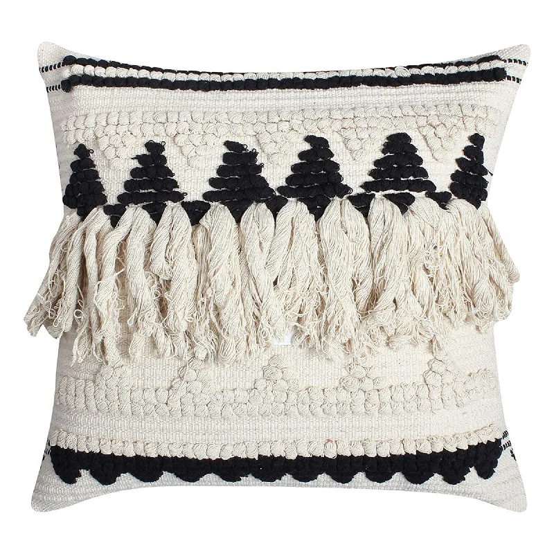 Benzara BM219703 20 x 20 Fringed Cotton Accent Pillow Cover, White and Black