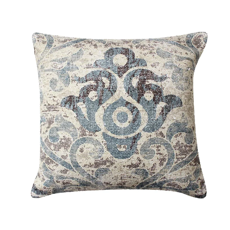 Benzara BM221653 18 x 18 Handwoven Cotton Accent Pillow with Scroll Print, Blue and White