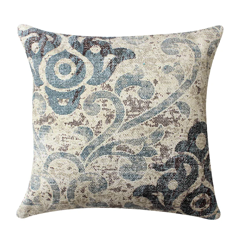 Benzara BM221654 18 x 18`` Handwoven Accent Pillow with Scroll Print, Blue and White