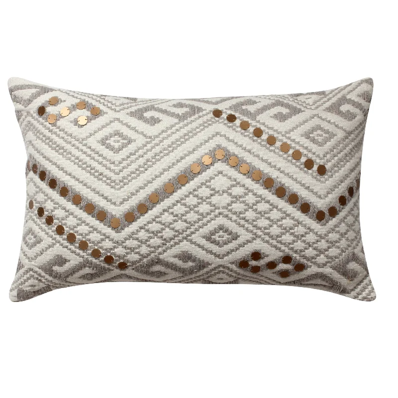 Benzara BM221666 20 x 12`` Embellished Handwoven Cotton Accent Pillow, White and Gray