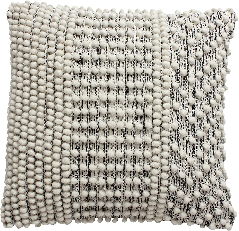 Benzara BM221683 18 x 18 Textured Handwoven Cotton Accent Pillow with Beads, Off White