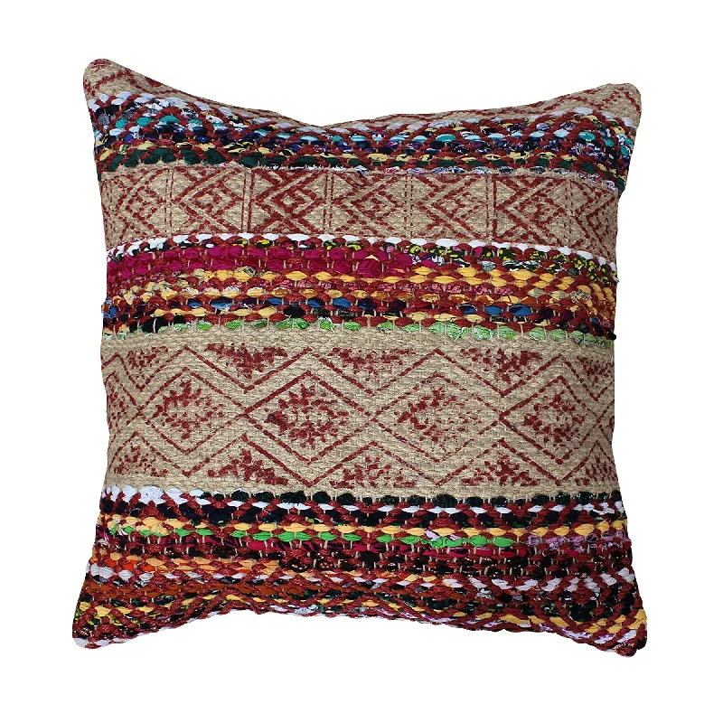 Benzara BM221698 20 x 20 Handwoven Jute Accent Pillow with Block Print, Brown and Red