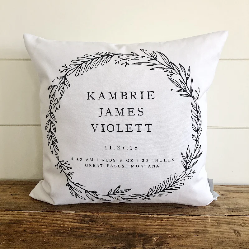 Floral Wreath Birth Announcement Pillow Cover