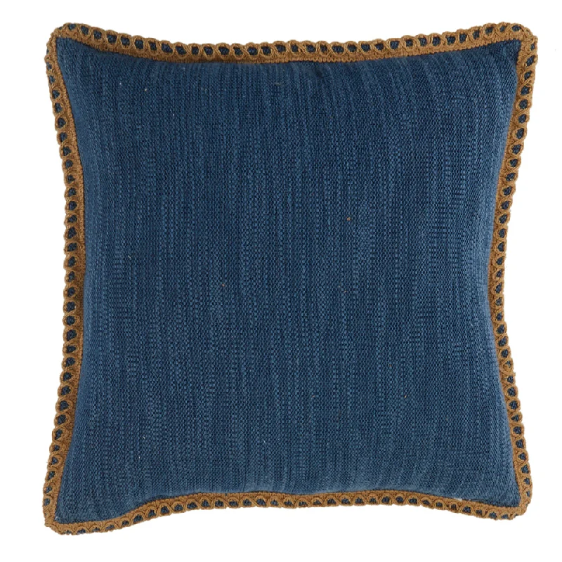 Navy Blue Linen + Brown Trim Pillow