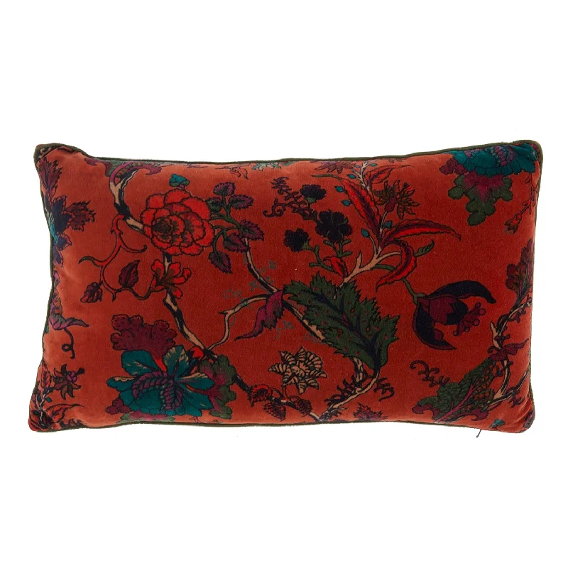 Orange Floral Velvet Lumbar Pillow