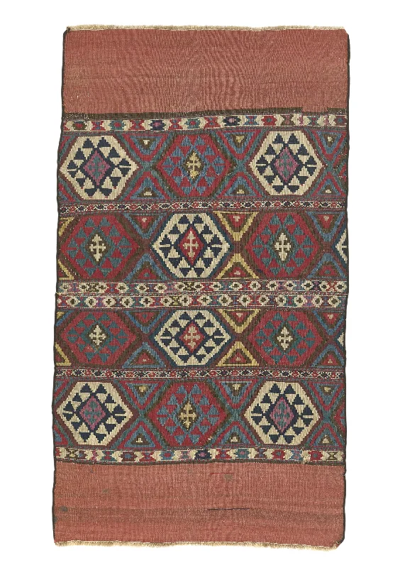 Caucasian Rug Shirvan Handmade Area Antique Tribal 3'0"x3'7" (3x4) Multi-color Kilim Geometric Saddle Blanket Design #21431