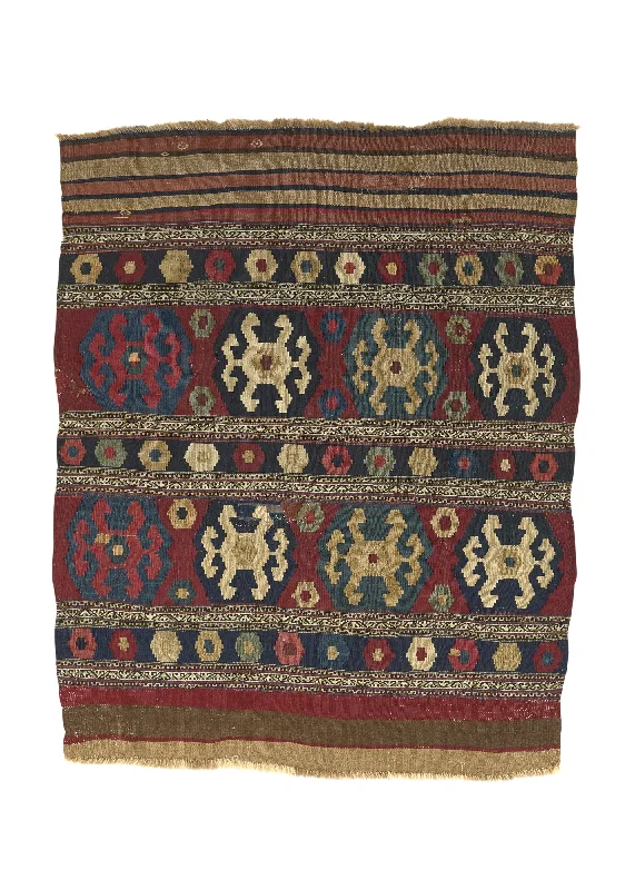 Caucasian Rug Shirvan Handmade Area Tribal Antique 3'7"x4'3" (4x4) Multi-color Red Kilim Design #32776