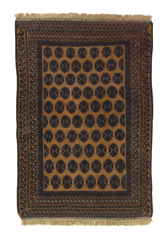 Oriental Rug Afghan Handmade Area Tribal 3'0"x4'4" (3x4) Yellow/Gold Bokhara Elephant Foot Design #32160