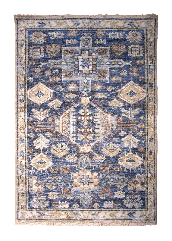 Oriental Rug Indian Handmade Area Traditional 4'0"x6'1" (4x6) Blue Yellow/Gold Geometric Kazak Design #A35349