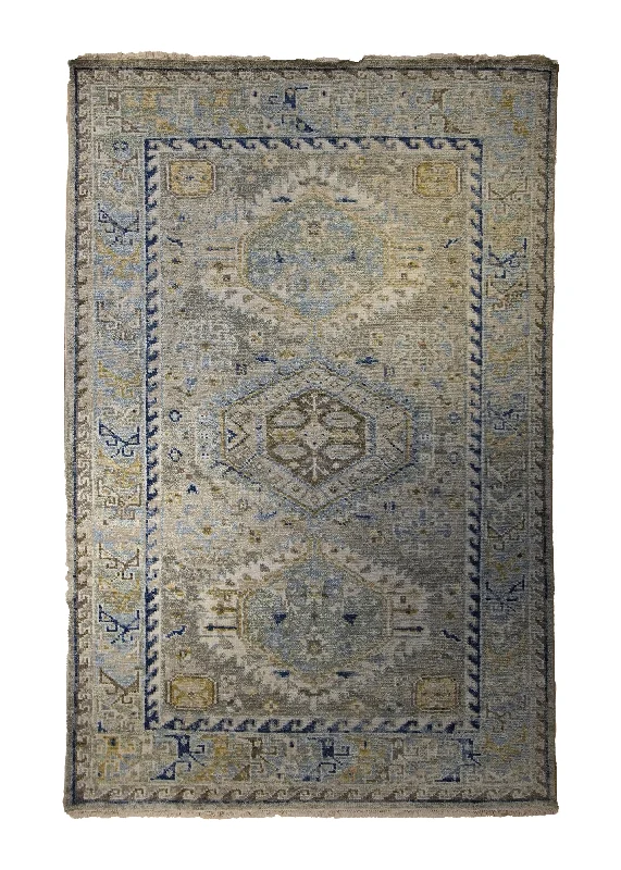 Oriental Rug Indian Handmade Area Transitional 6'0"x9'1" (6x9) Whites/Beige Blue Yellow/Gold Geometric Khotan Design #A35227