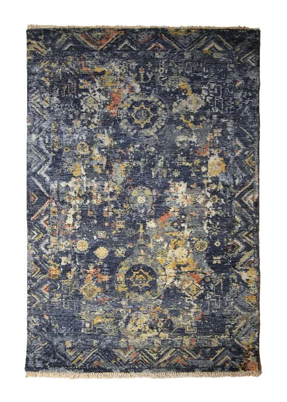 Oriental Rug Indian Handmade Area Transitional 4'0"x6'2" (4x6) Gray Yellow/Gold Geometric Erased Khotan Design #A35228