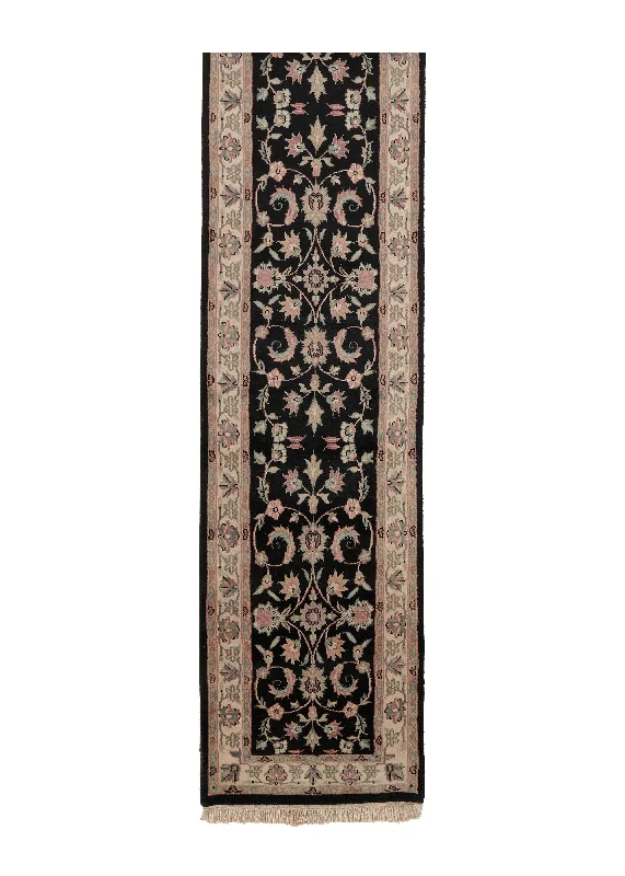 Oriental Rug Indian Handmade Runner Transitional 2'4"x14'6" (2x15) Black Pink Floral Design #14804