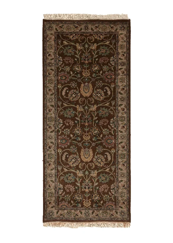 Oriental Rug Indian Handmade Runner Transitional 2'6"x6'1" (3x6) Brown Green Floral Design #33718