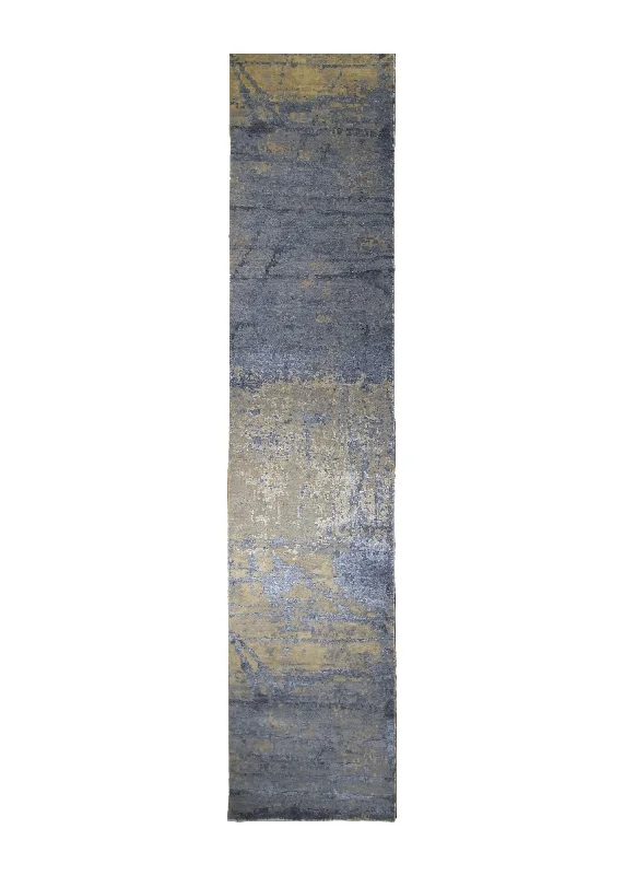 Oriental Rug Indian Handmade Runner Modern 2'5"x15'0" (2x15) Whites/Beige Blue Abstract Splatter Design #A35260