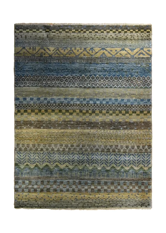 Oriental Rug Pakistani Handmade Area Transitional 5'1"x6'8" (5x7) Brown Green Yellow/Gold Stripes Grass Design #A35275