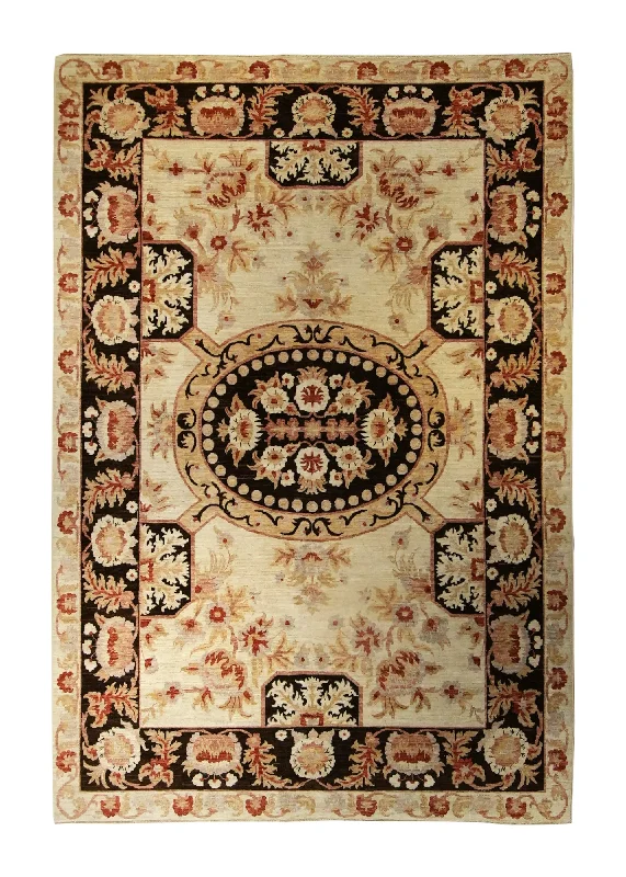 Oriental Rug Pakistani Handmade Area Transitional 6'4"x9'3" (6x9) Whites/Beige Black Antique Washed Floral Oushak Design #A35371