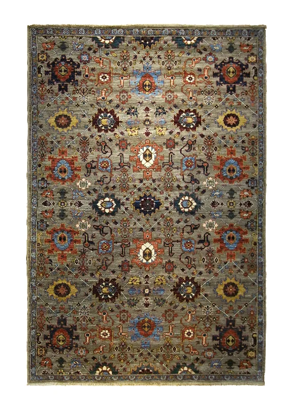 Oriental Rug Pakistani Handmade Area Transitional 6'2"x9'3" (6x9) Whites/Beige Red Geometric Heriz Design #A35269