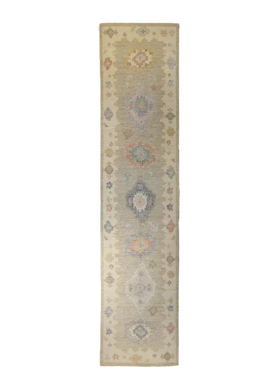 Oriental Rug Pakistani Handmade Area Transitional Neutral 2'8"x12'0" (3x12) Whites/Beige Multi-color Floral Oushak Design #A35230