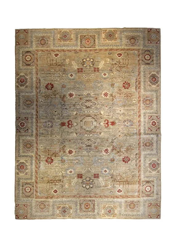 Oriental Rug Pakistani Handmade Area Transitional Tribal 9'2"x12'0" (9x12) Whites/Beige Geometric Khotan Design #A35235