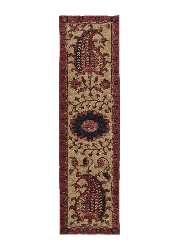 Oriental Rug Pakistani Handmade Runner Transitional 2'10"x9'10" (3x10) Red Whites/Beige Open Field Paisley/Boteh Design #34558