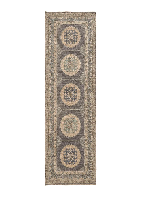 Oriental Rug Pakistani Handmade Runner Transitional Neutral 2'5"x8'3" (2x8) Gray Whites/Beige Khotan Pomegranate Open Field Design #36117