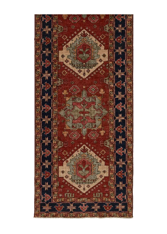 Oriental Rug Pakistani Handmade Runner Transitional Tribal 3'2"x14'3" (3x14) Red Blue Geometric Serapi Design #35121