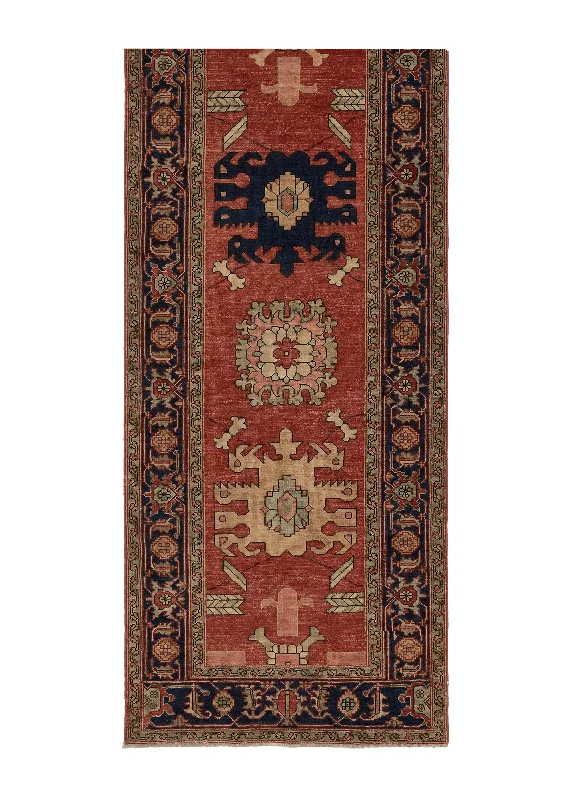 Oriental Rug Pakistani Handmade Runner Transitional Tribal 3'2"x14'0" (3x14) Red Blue Geometric Serapi Design #35367