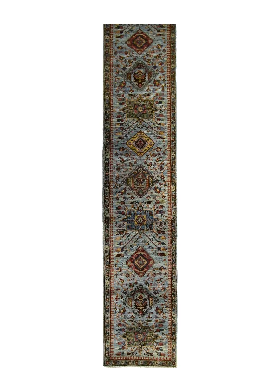 Oriental Rug Pakistani Handmade Runner Transitional Tribal 2'8"x29'3" (3x29) Blue Geometric Kazak Design #A35271