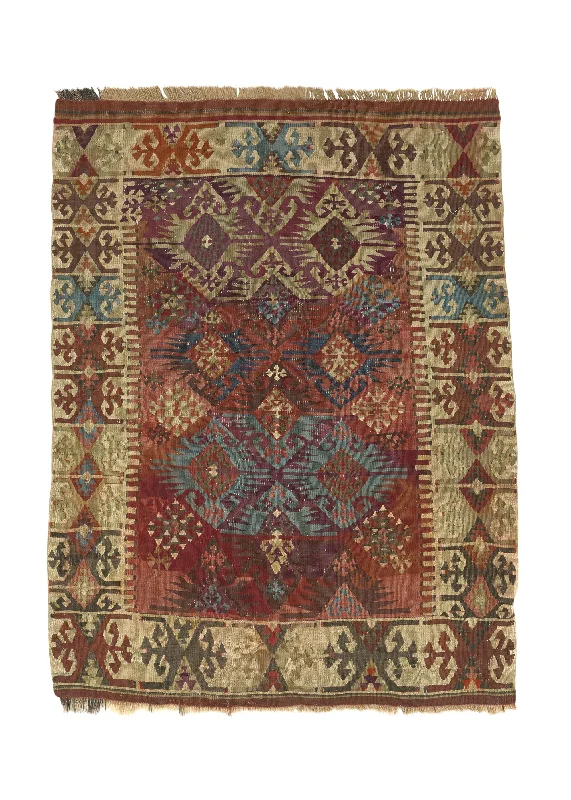 Oriental Rug Turkish Handmade Area Antique 3'3"x4'3" (3x4) Multi-color Geometric Kilim Design #25417