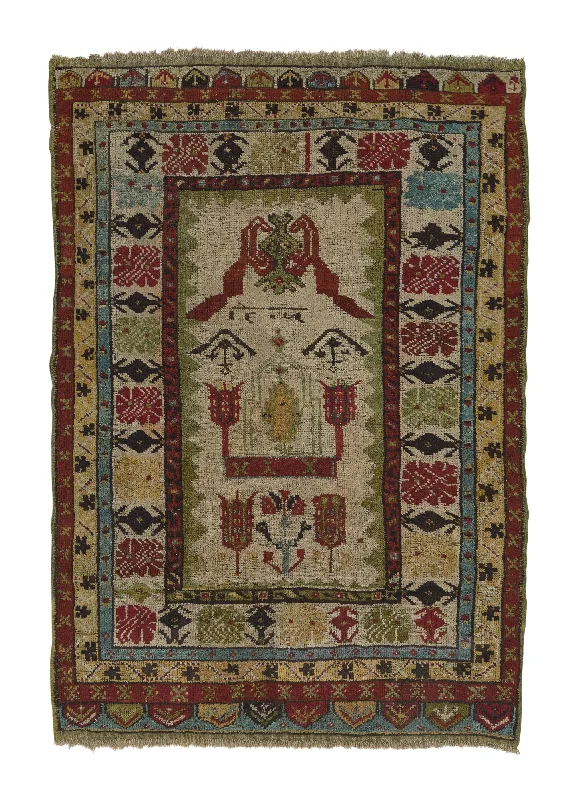 Oriental Rug Turkish Handmade Area Antique Tribal 3'0"x4'5" (3x4) Whites/Beige Red Yellow/Gold Geometric Design #24715