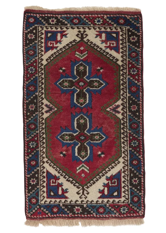 Oriental Rug Turkish Handmade Area Tribal 2'3"x3'10" (2x4) Red Blue Whites/Beige Geometric Design #33778