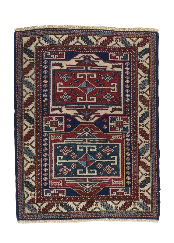 Oriental Rug Turkish Handmade Area Tribal 3'0"x4'0" (3x4) Red Whites/Beige Blue Geometric Design #32352