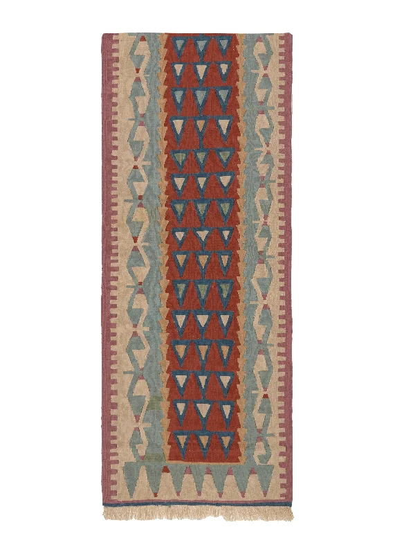 Oriental Rug Turkish Handmade Runner Tribal 2'7"x9'4" (3x9) Red Whites/Beige Kilim Geometric Design #26191