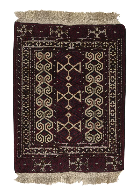 Persian Rug Baloch Handmade Area Tribal 2'11"x3'8" (3x4) Red Whites/Beige Geometric Design #27543