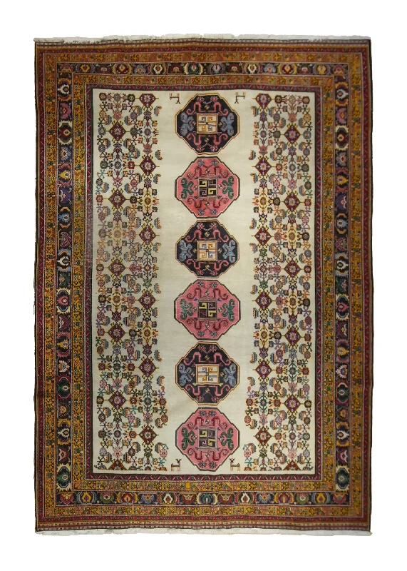 Persian Rug Ghashghaei Handmade Area Tribal 6'9"x9'7" (7x10) Whites/Beige Yellow/Gold Pink Geometric Design #A35356