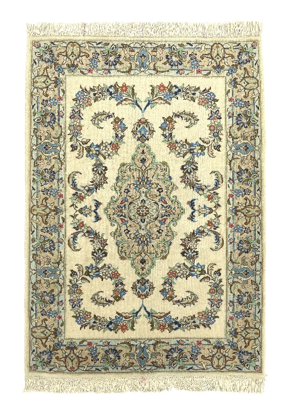 Persian Rug Kashan Handmade Area Traditional 3'4"x4'9" (3x5) Whites/Beige Floral Design #28588