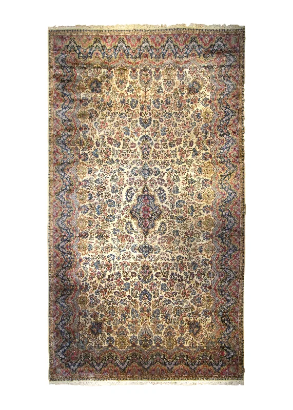 Persian Rug Kerman Handmade Area Antique Traditional 10'6"x18'3" (11x18) Whites/Beige Pink Blue Floral Design #A35354