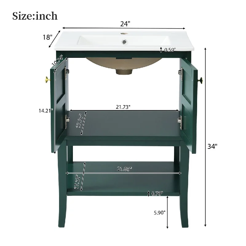 24 inch MDF Freestanding Bathroom Vanity Set in Green with Integrated Resin Sink