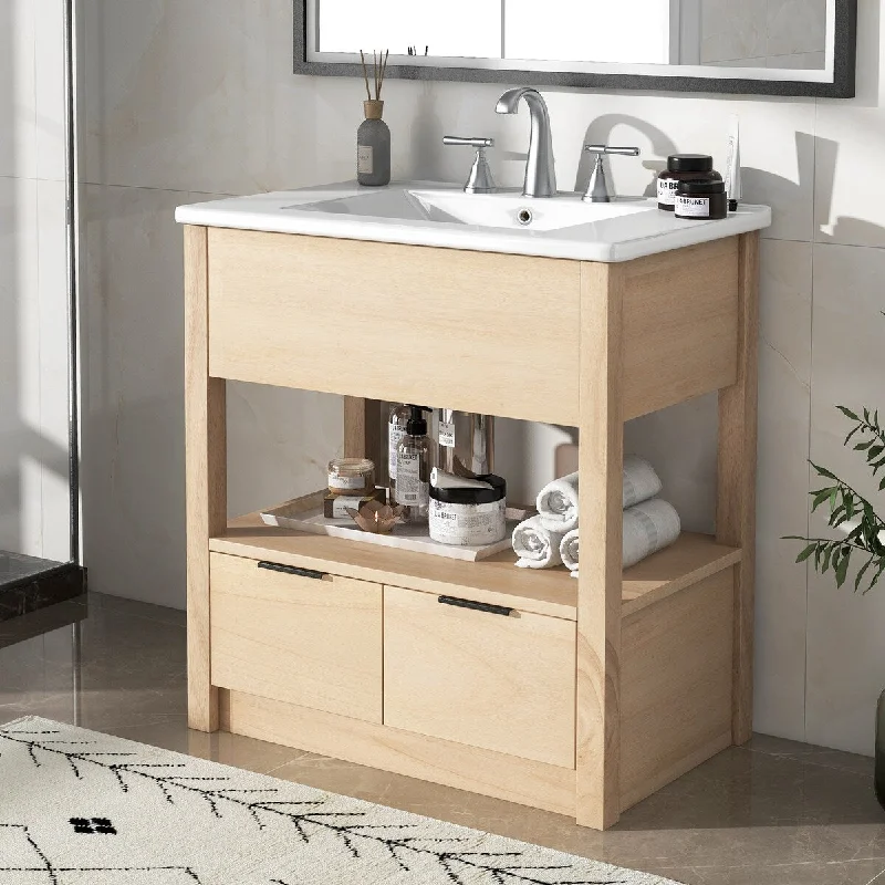 30" Bathroom Vanity with Sink Top, Bathroom Cabinet with Open Storage Shelf and Two Drawers