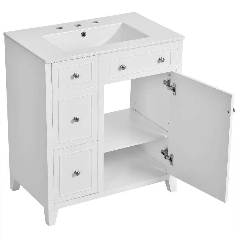 30-Inch Bathroom Vanity Cabinet with Ceramic Basin, Double-Layer Drawer, Deep Drawer and Adjustable Shelf