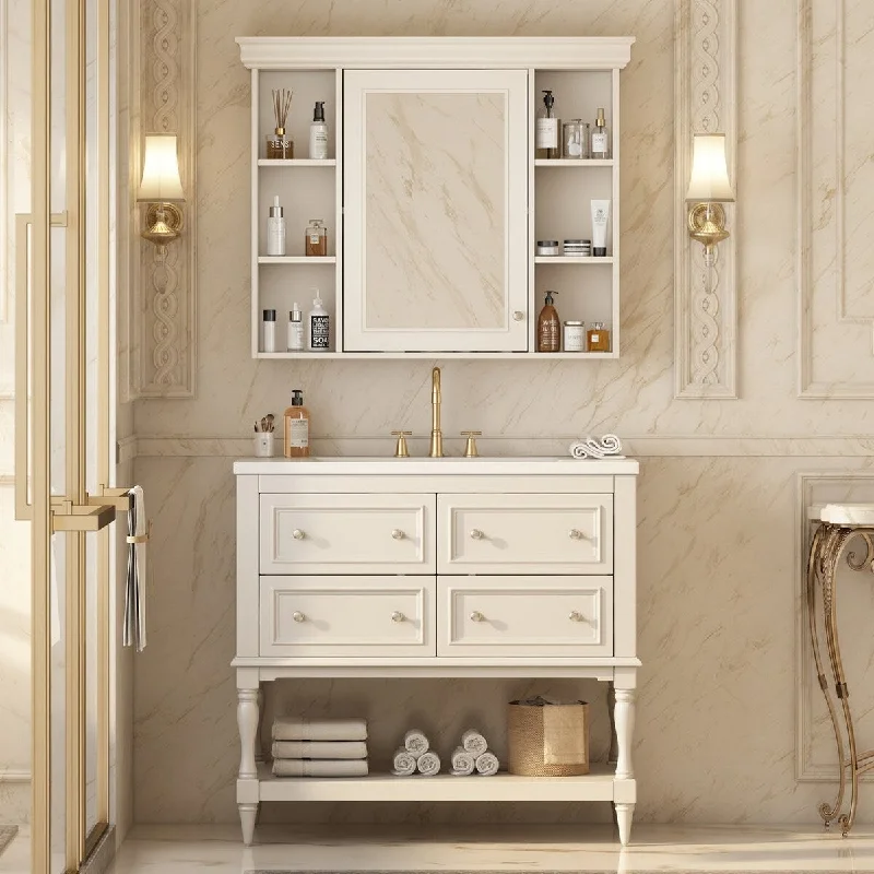 36 inch MDF Freestanding Bathroom Vanity Set with Integrated Resin Sink with Mirror cabinet