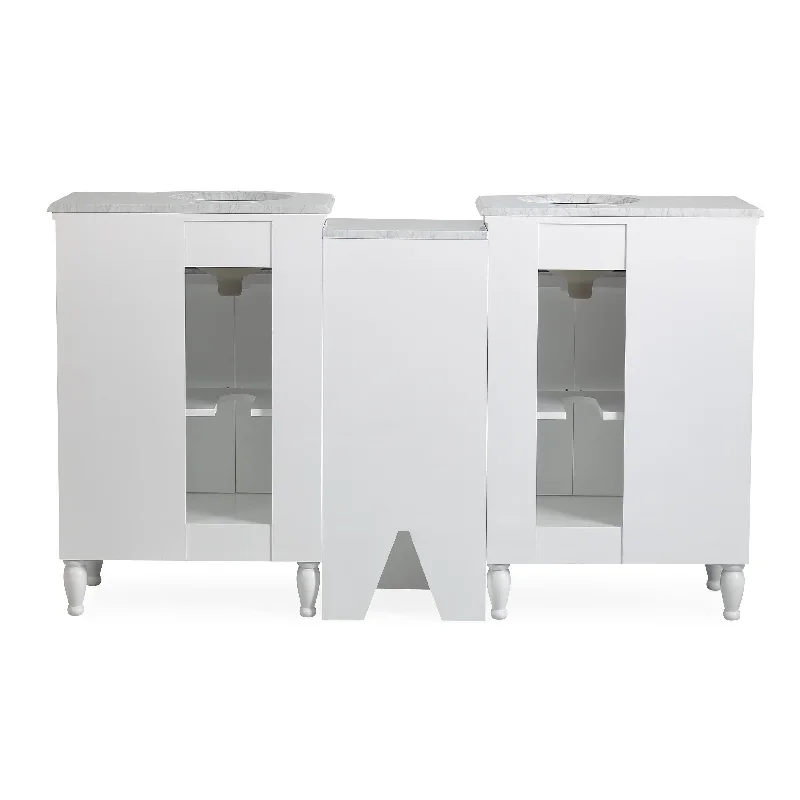 95" Modular White Bathroom Vanity Double Sink Cabinet Marble Stone Top