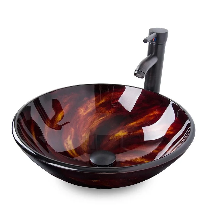 Bathroom Vessel Sink Countertop Basin Pop-up Drain Tempered Glass-D - 16" x 5"