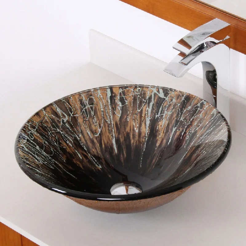 Elite 1310 Hand Painted Art Round Bell Shape Tempered Glass Bathroom Vessel Sink - Black/Brown