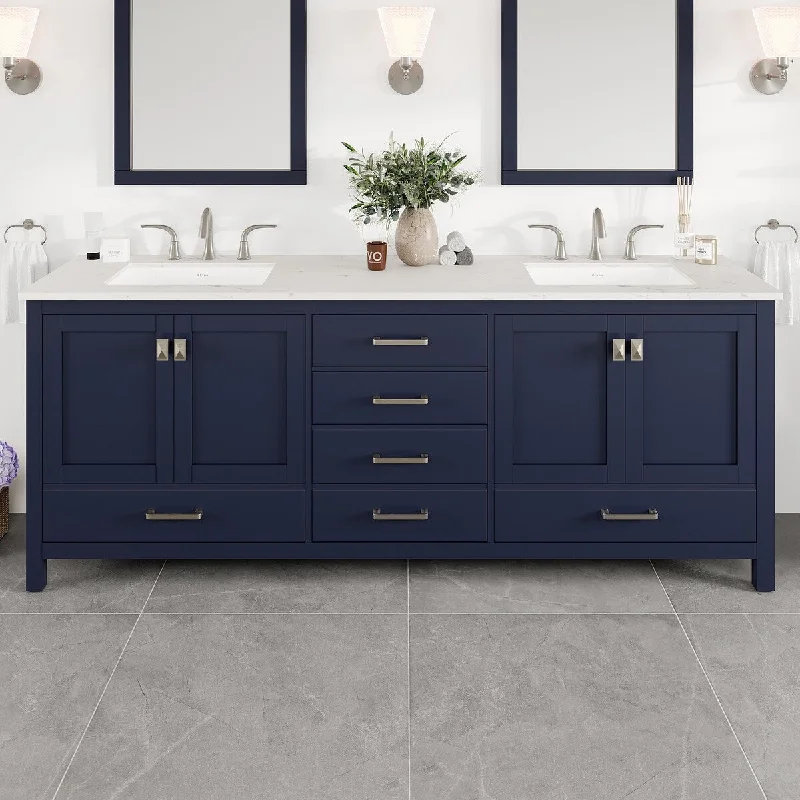 Eviva Aberdeen 72"W x 22"D Blue Double Sink Bathroom Vanity with White Carrara Quartz Countertop and Undermount Porcelain Sinks