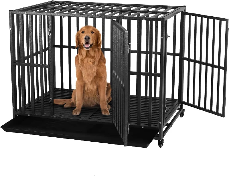 LUCKUP Heavy Duty Dog Crate-38 inch Large Metal Dog Cage with 2 Doors and 4 Wheels - $130