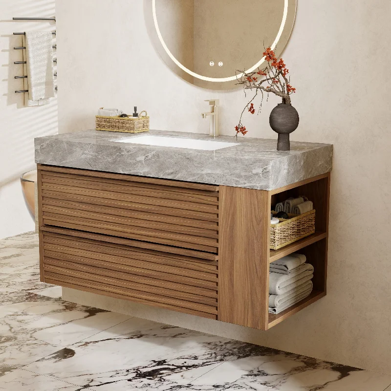 Modern 36" Bathroom Vanities, Sintered Stone Tabletop, Sold wood legs, 2 Drawers