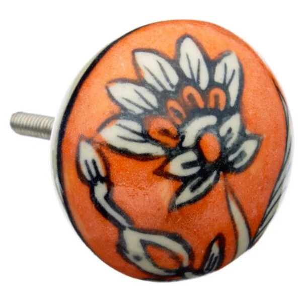 Orange Floral Ceramic Drawer/ Door/ Cabinet Pull Knob (Pack of 6)