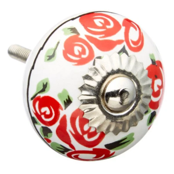 Red Flowers/ Green Leafs Ceramic Drawer/ Door/ Cabinet Knobs (Pack of 6)