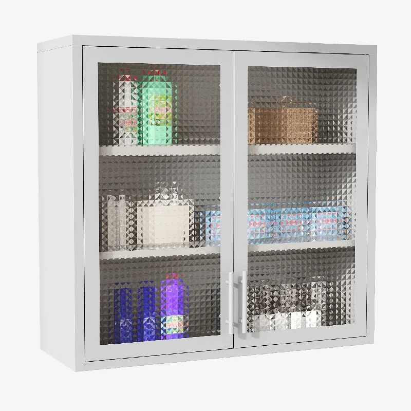 Retro Style Wall Mounted Cabinet Table-Top Storage Cabinet with Hazy Glass Doors and 2 Adjustable Shelves, Waffle-Grids Glass